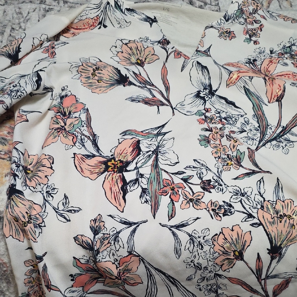 Cream Floral Button-Up Top with Peach and Teal Accents